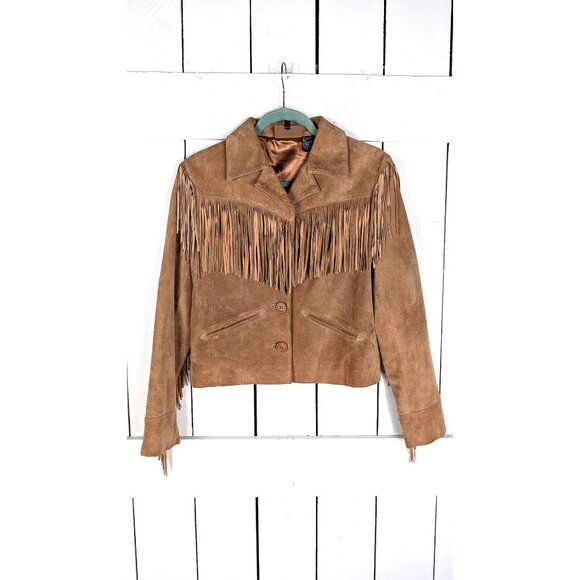 Vintage tan brown suede leather cropped fringe boho western jacket